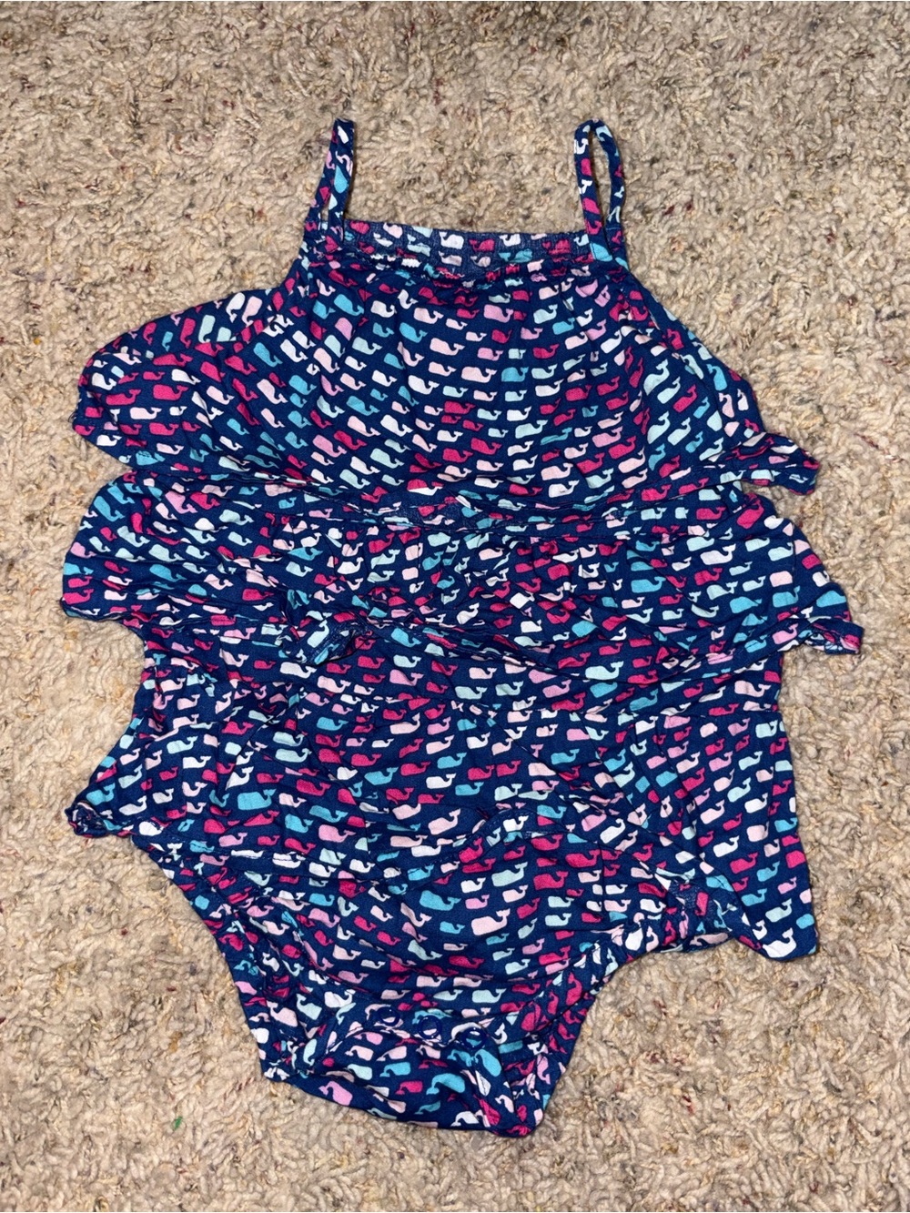 Vineyard Vines Navy Ruffle One-Piece with Pink, White & Light Blue Whales